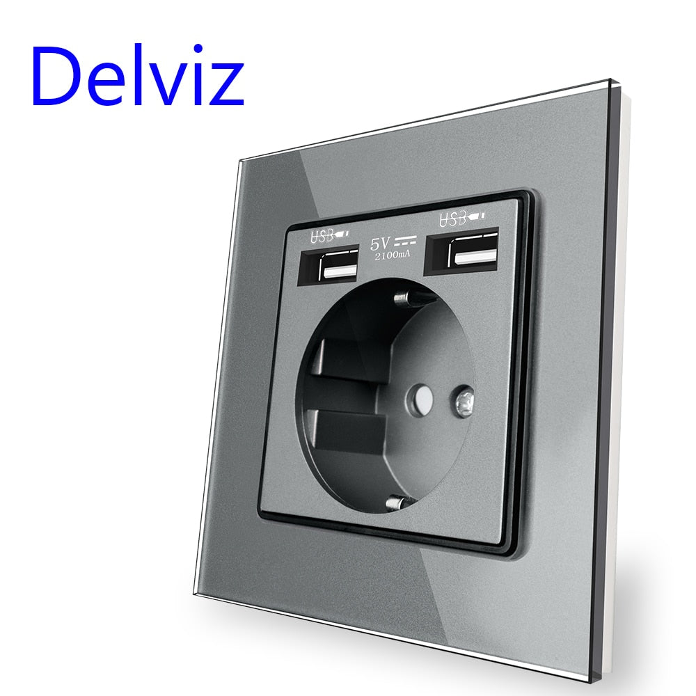 Delviz Wall USB Power Socket, AC 110V-250V 16A for wall, 86mm x 86mm, Double usb EU Standard