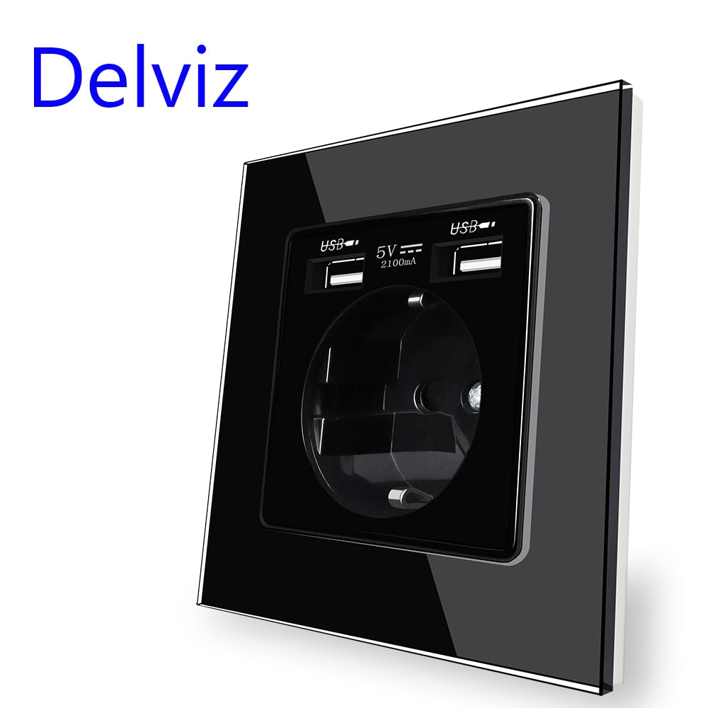 Delviz Wall USB Power Socket, AC 110V-250V 16A for wall, 86mm x 86mm, Double usb EU Standard