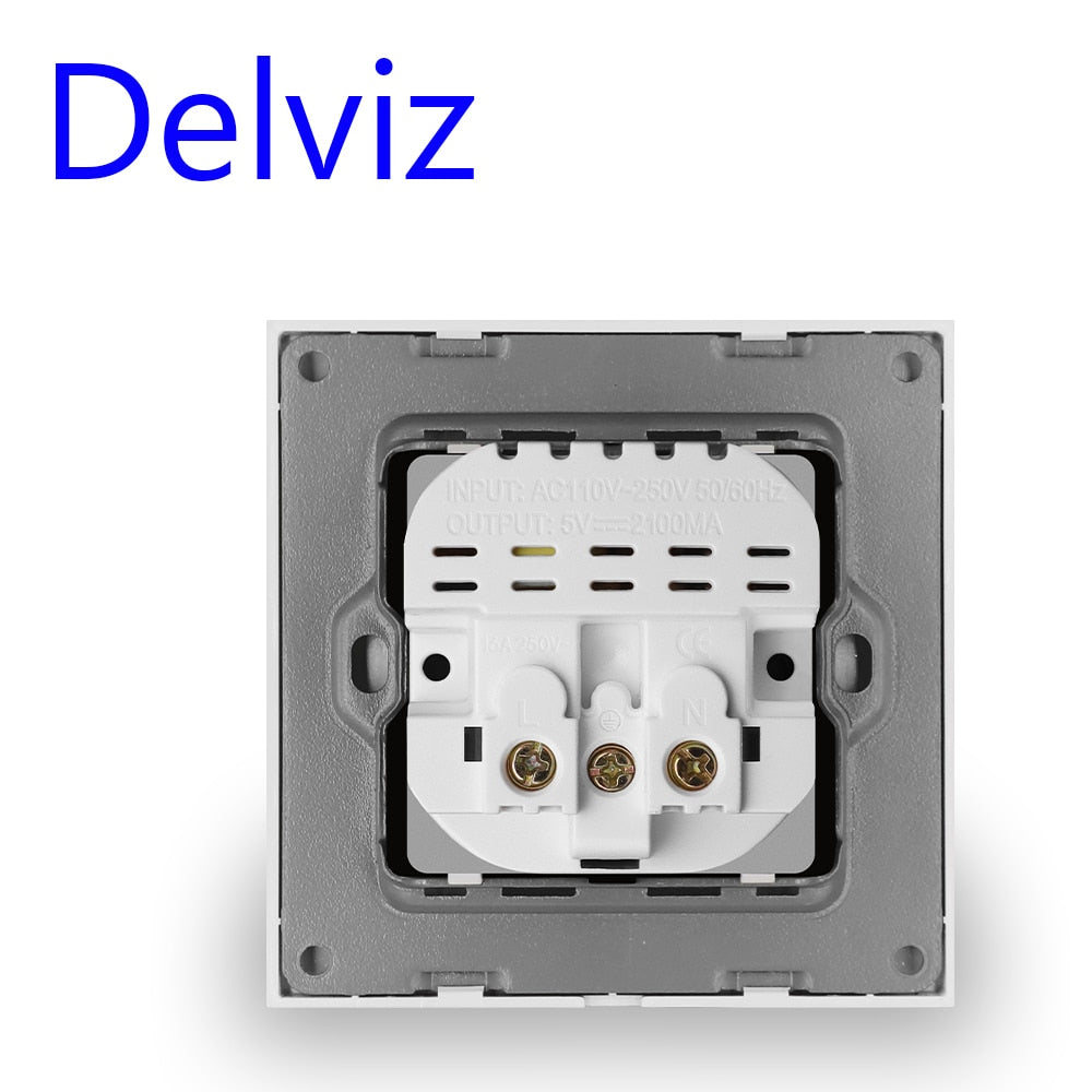 Delviz Wall USB Power Socket, AC 110V-250V 16A for wall, 86mm x 86mm, Double usb EU Standard
