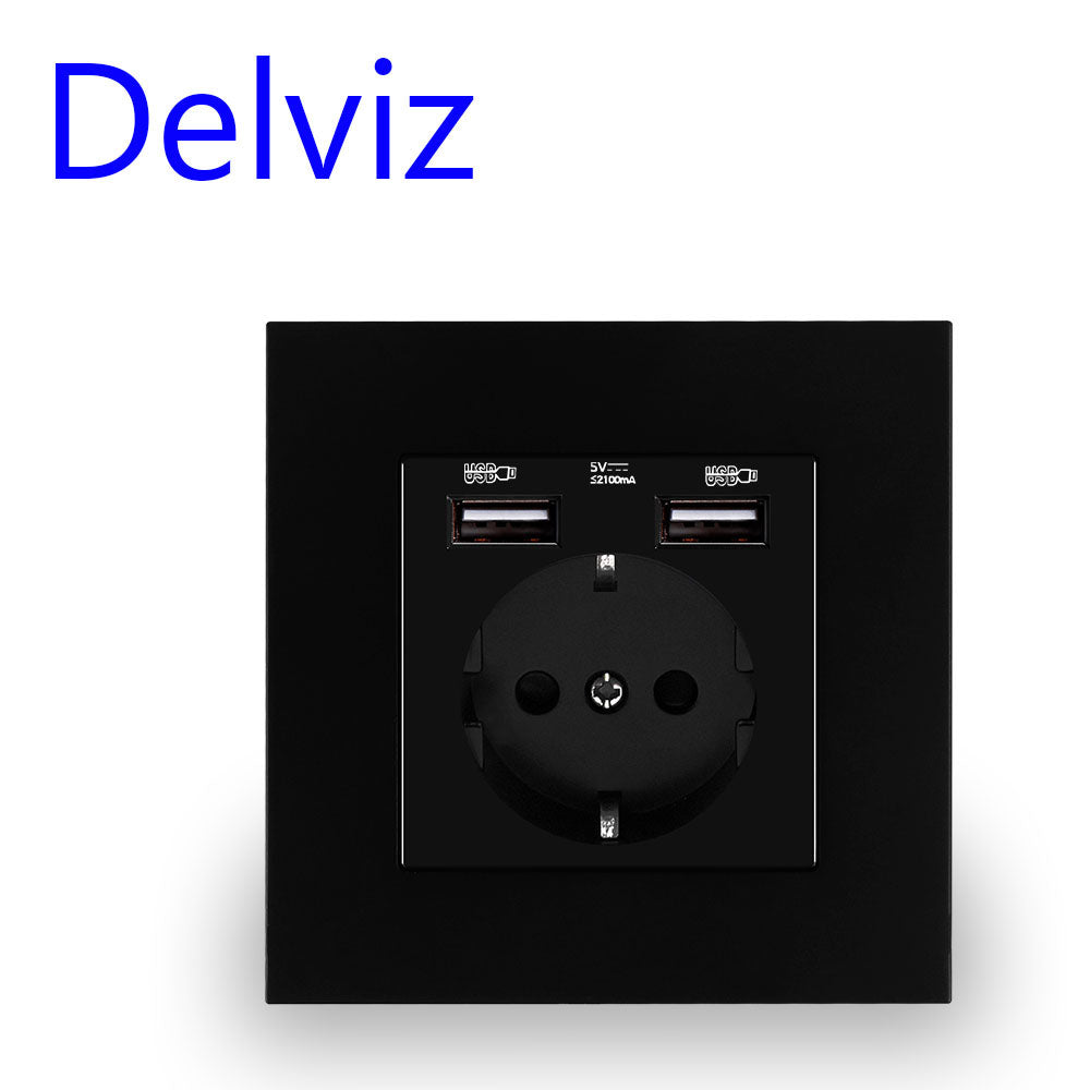 Delviz Wall USB Power Socket, AC 110V-250V 16A for wall, 86mm x 86mm, Double usb EU Standard