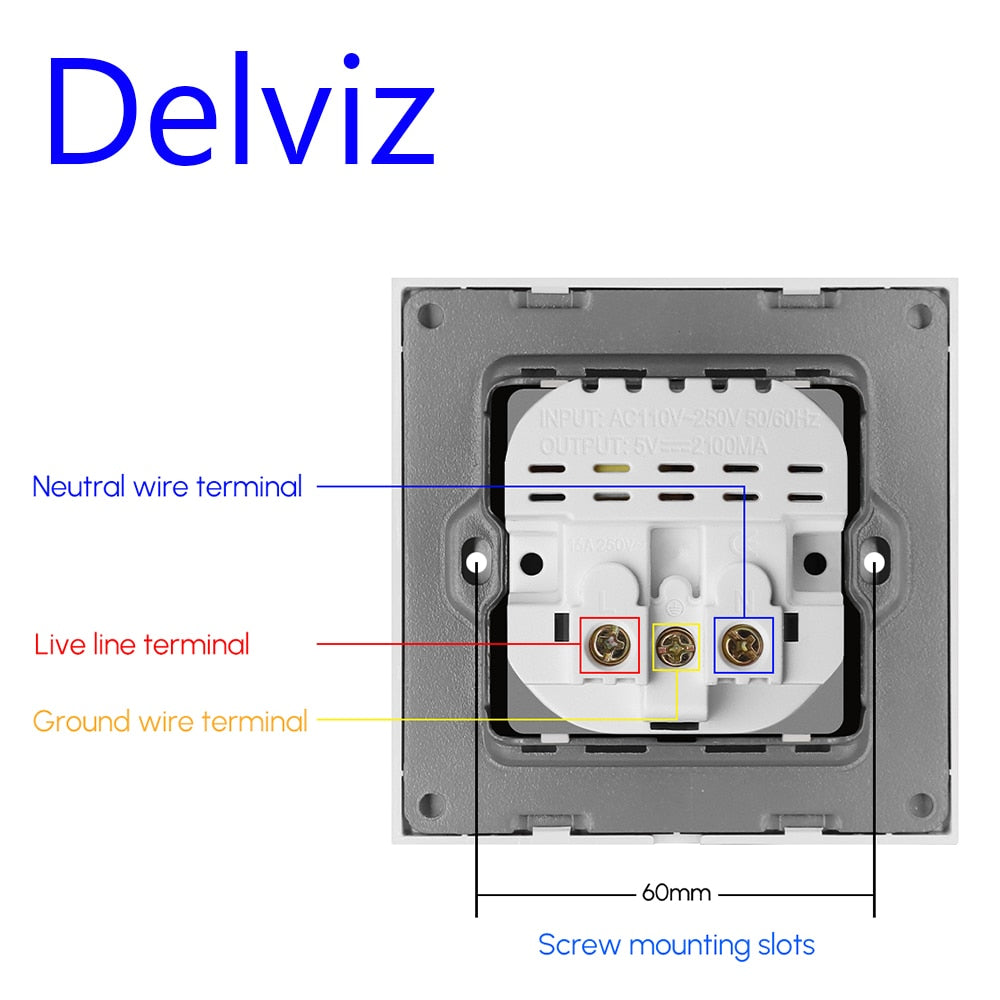 Delviz Wall USB Power Socket, AC 110V-250V 16A for wall, 86mm x 86mm, Double usb EU Standard