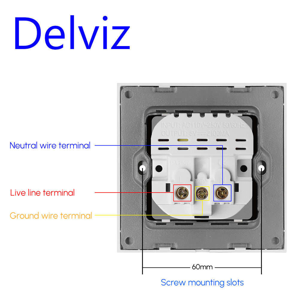 Delviz Wall USB Power Socket, AC 110V-250V 16A for wall, 86mm x 86mm, Double usb EU Standard