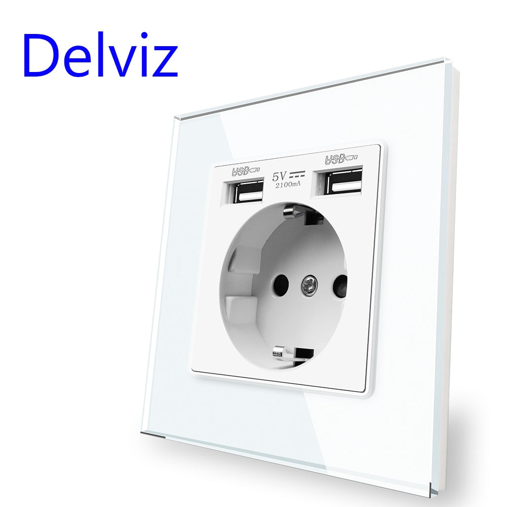 Delviz Wall USB Power Socket, AC 110V-250V 16A for wall, 86mm x 86mm, Double usb EU Standard