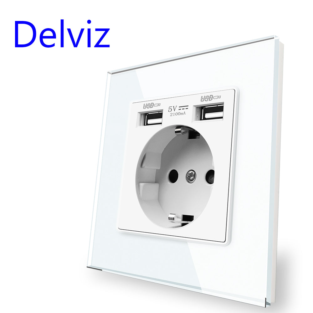 Delviz Wall USB Power Socket, AC 110V-250V 16A for wall, 86mm x 86mm, Double usb EU Standard