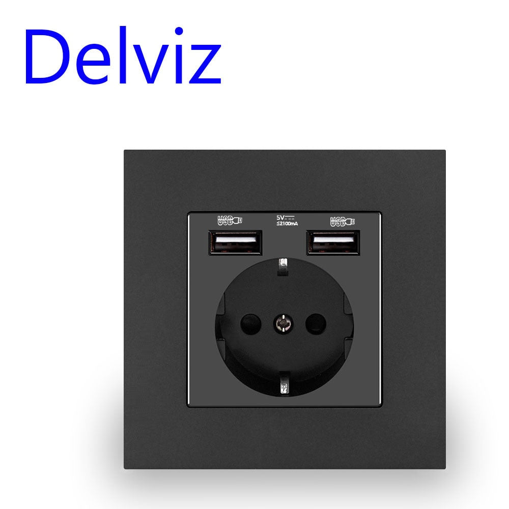 Delviz Wall USB Power Socket, AC 110V-250V 16A for wall, 86mm x 86mm, Double usb EU Standard