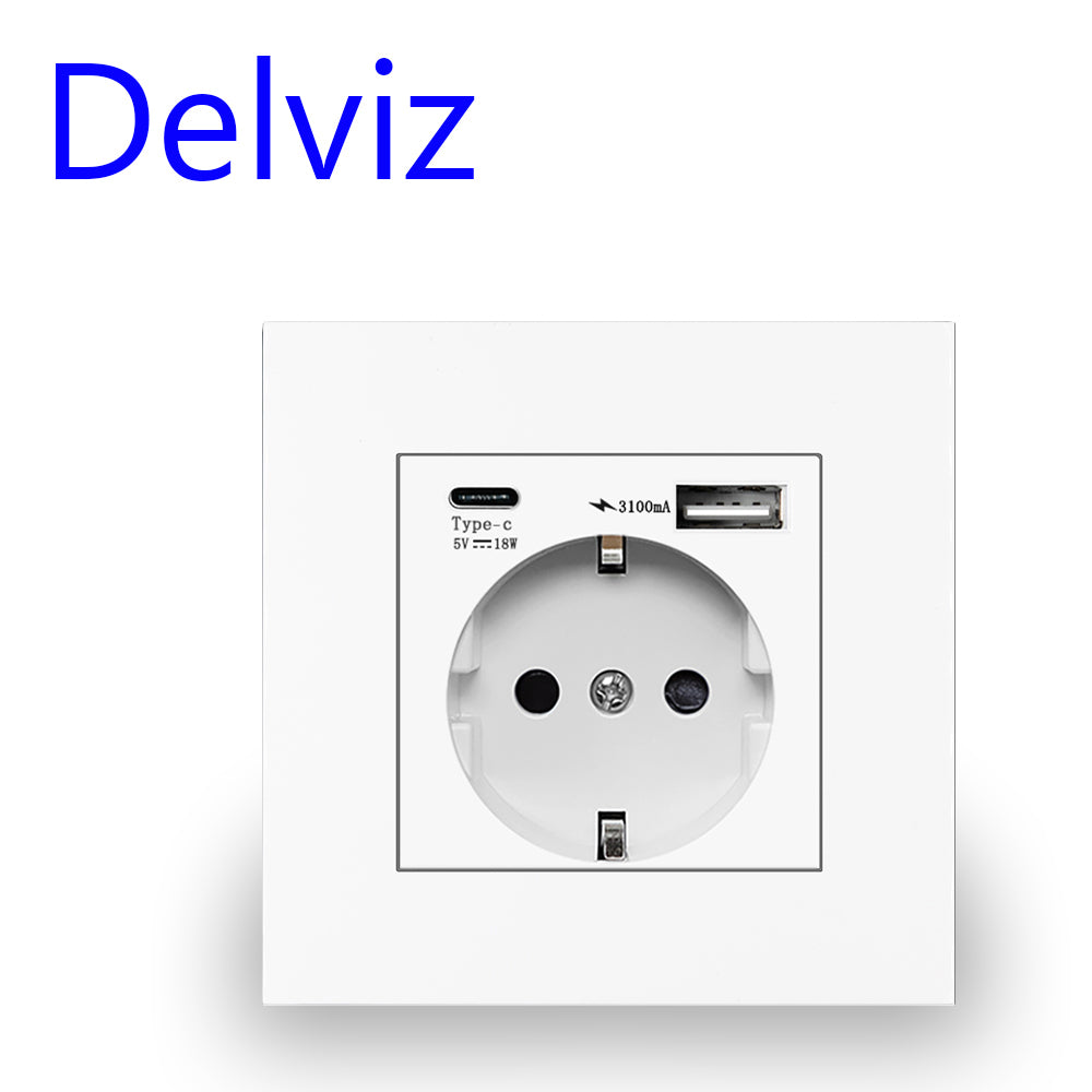 Delviz Wall USB Power Socket, AC 110V-250V 16A for wall, 86mm x 86mm, Double usb EU Standard
