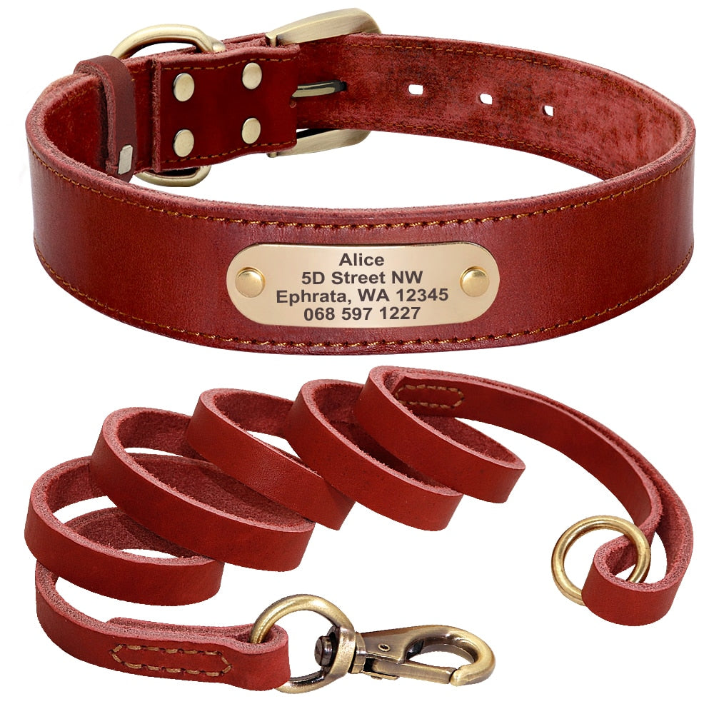 Custom leather dog collar set personalized pet collar free engraved name tag custom