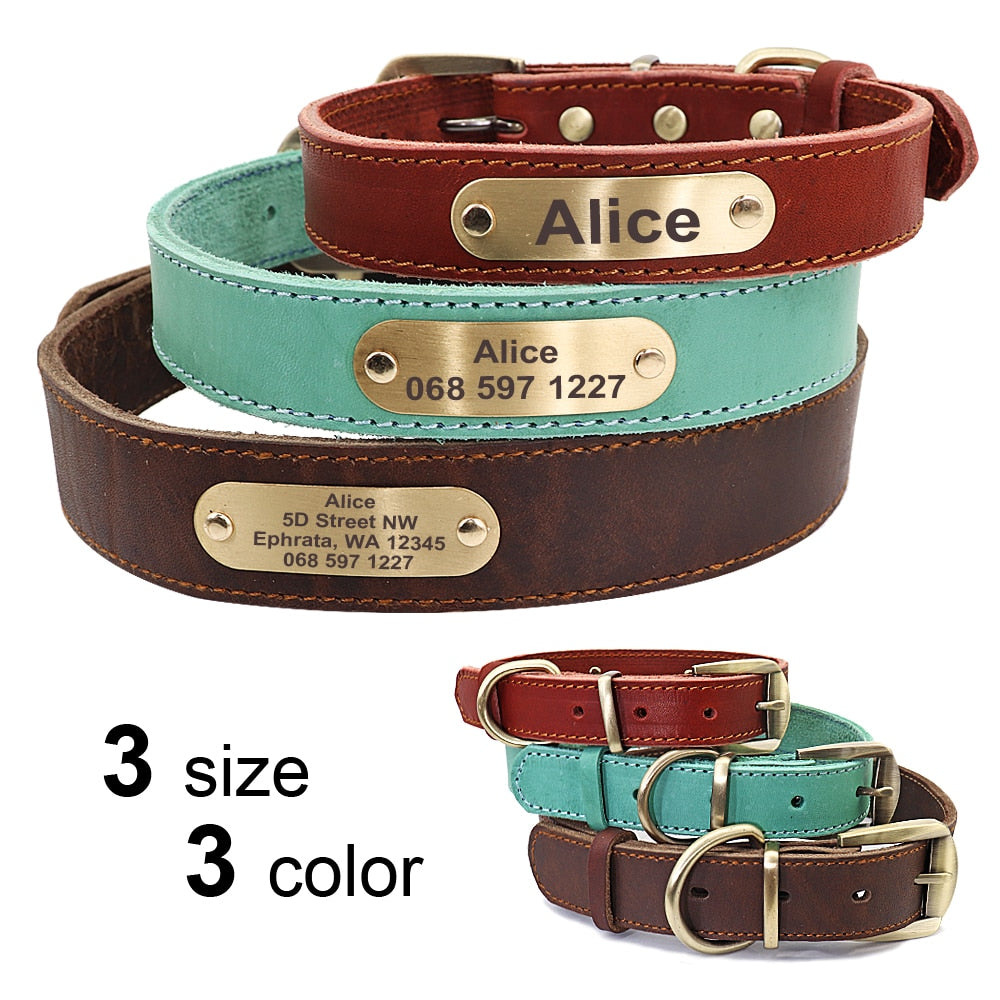Custom leather dog collar set personalized pet collar free engraved name tag custom