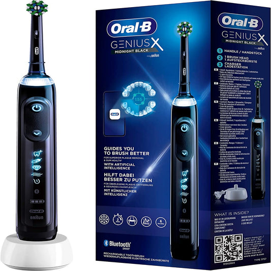 oral-B Genius X electric toothbrush/electric toothbrush, 6 cleaning modes for dental care, artificial intelligence and bluetooth app, gift men/women, designed by Braun, black
