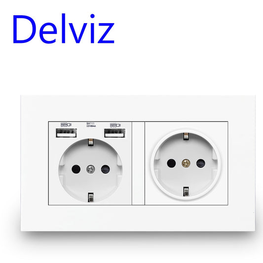 Delviz EU Standard USB Plug, Dual Outlet, 16A Quality Power Panel AC 110~250V 146mm * 86mm, Double Frame Wall USB Power Outlet