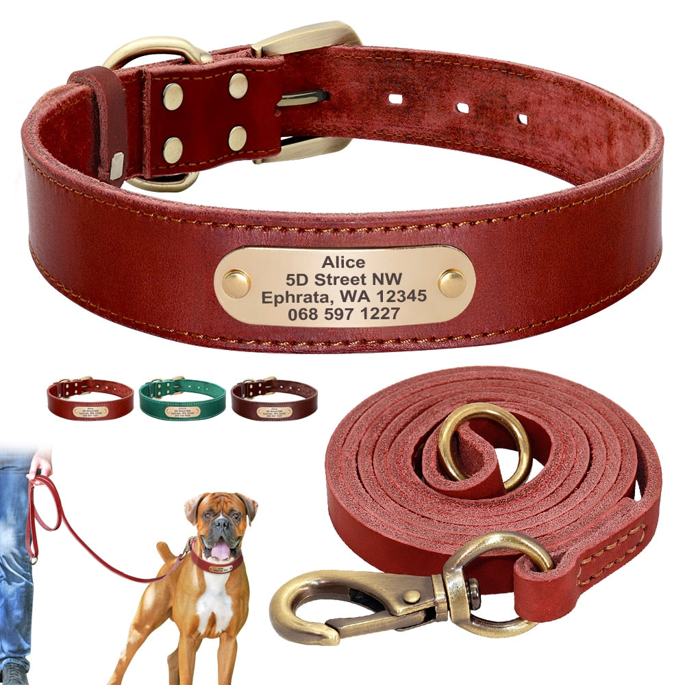 Custom leather dog collar set personalized pet collar free engraved name tag custom