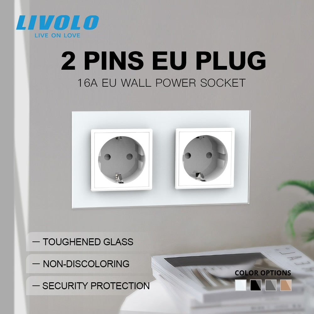 Livolo EU Standard Wall Power Socket, 4colors Crystal Glass Panel, Manufacturer of 16A Wall Outlet, C7C2EU-11/12/13/15